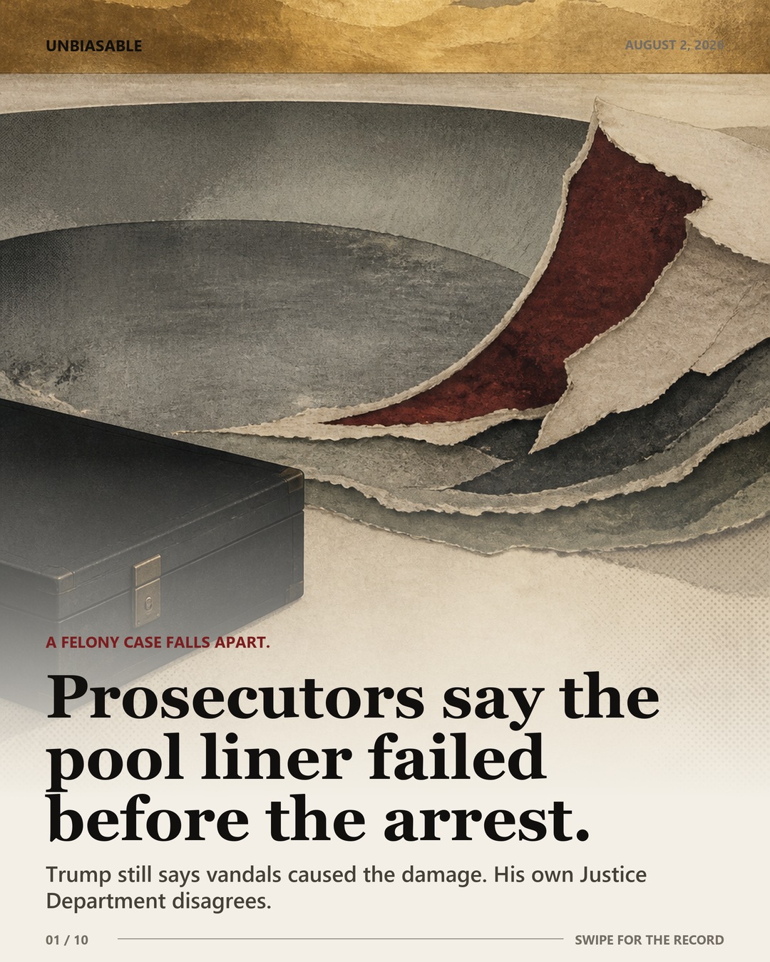 Editorial case-file cover: Prosecutors say the pool liner failed before the arrest.