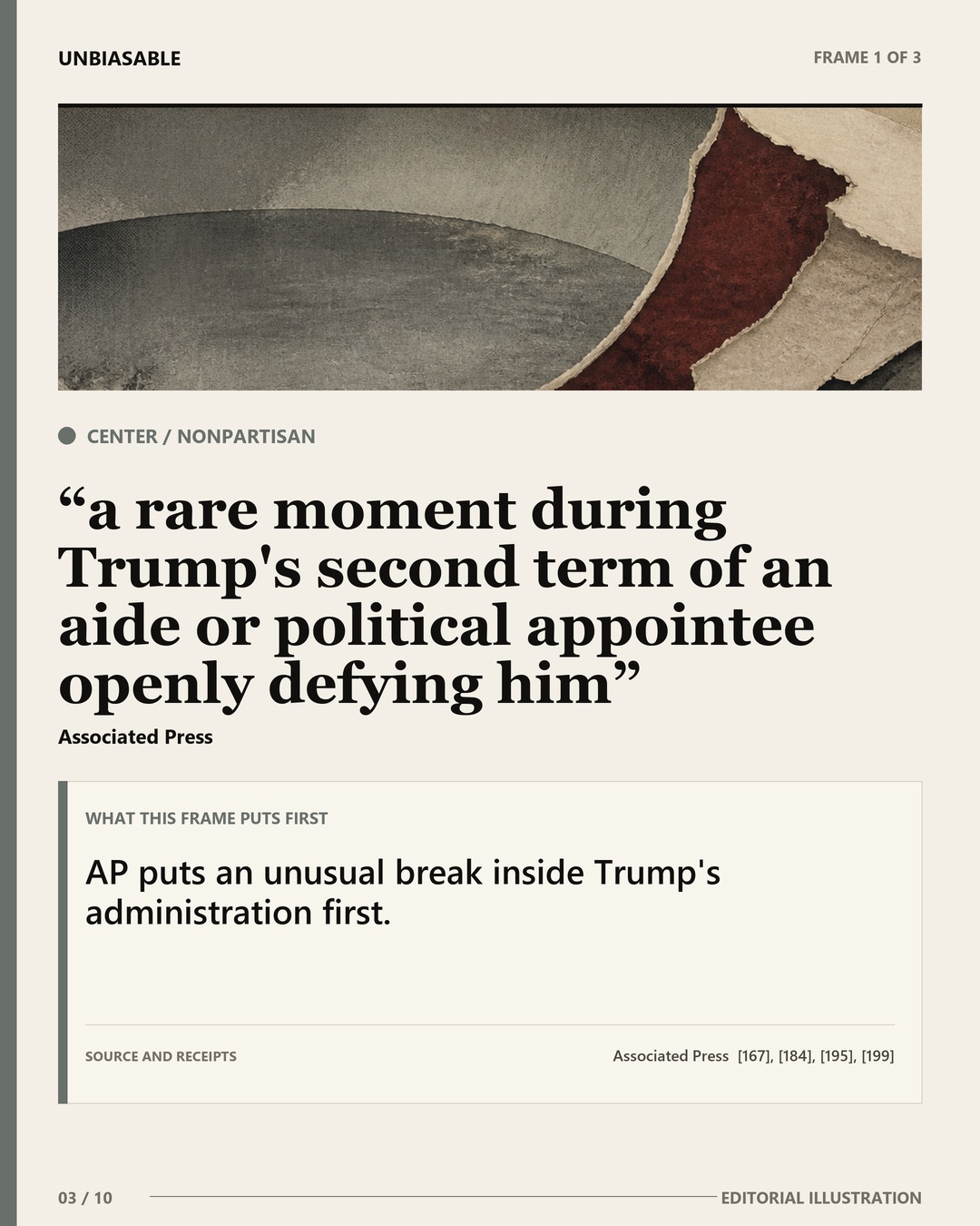 Center / Nonpartisan frame: a rare moment during Trump's second term of an aide or political appointee openly defying him AP puts an unusual break inside Trump's administration first.