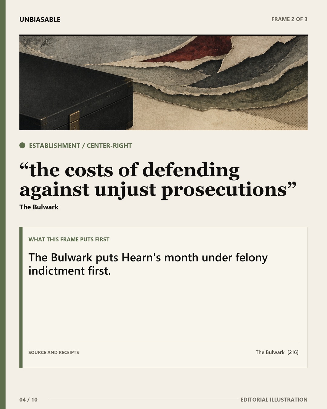 Establishment / Center-Right frame: the costs of defending against unjust prosecutions The Bulwark puts Hearn's month under felony indictment first.