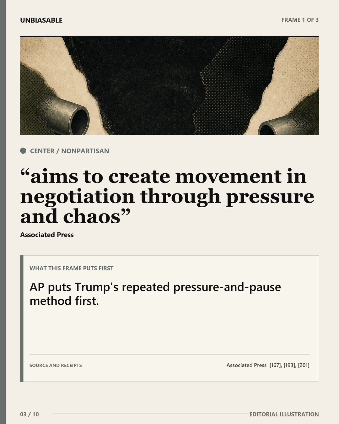 Center / Nonpartisan frame: aims to create movement in negotiation through pressure and chaos AP puts Trump's repeated pressure-and-pause method first.