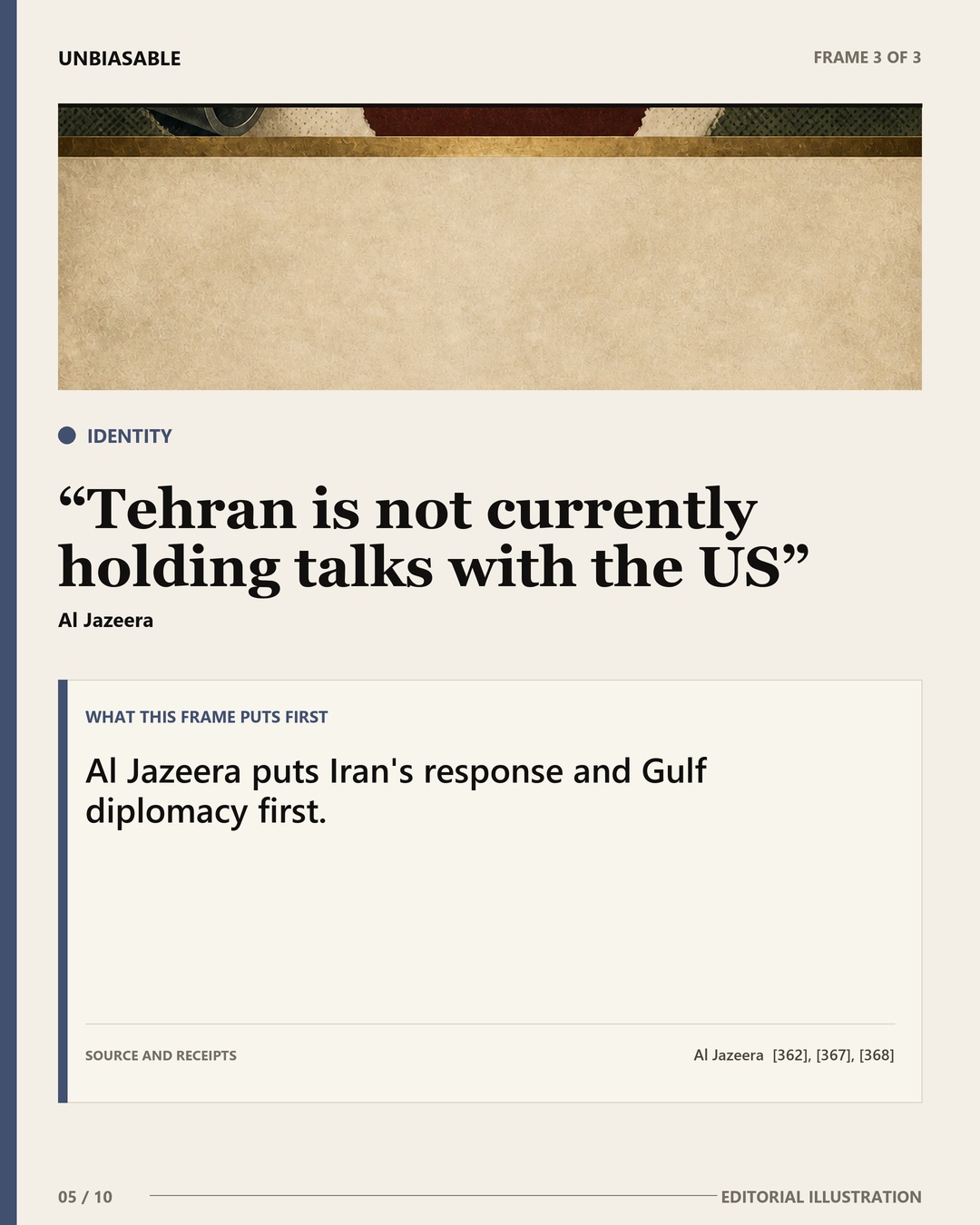 Identity frame: Tehran is not currently holding talks with the US Al Jazeera puts Iran's response and Gulf diplomacy first.