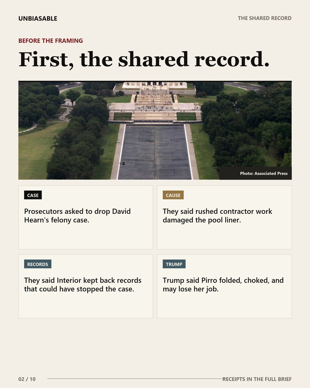The shared record: Prosecutors asked to drop David Hearn's felony case.; They said rushed contractor work damaged the pool liner.; They said Interior kept back records that could have stopped the case.; Trump said Pirro folded, choked, and may lose her job.
