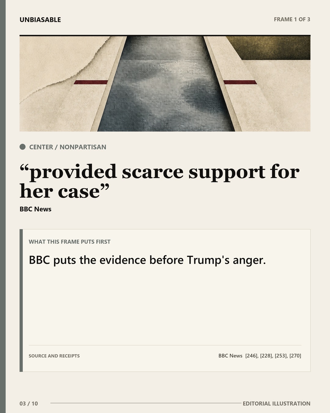 Center / Nonpartisan frame: provided scarce support for her case BBC puts the evidence before Trump's anger.