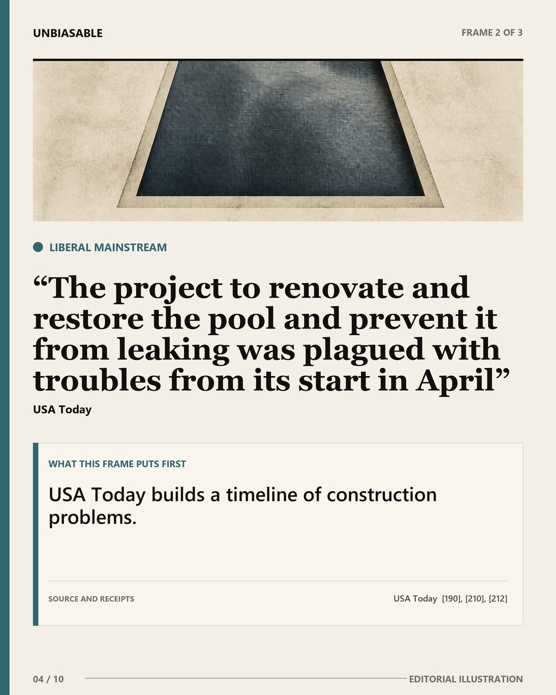 Liberal Mainstream frame: The project to renovate and restore the pool and prevent it from leaking was plagued with troubles from its start in April USA Today builds a timeline of construction problems.