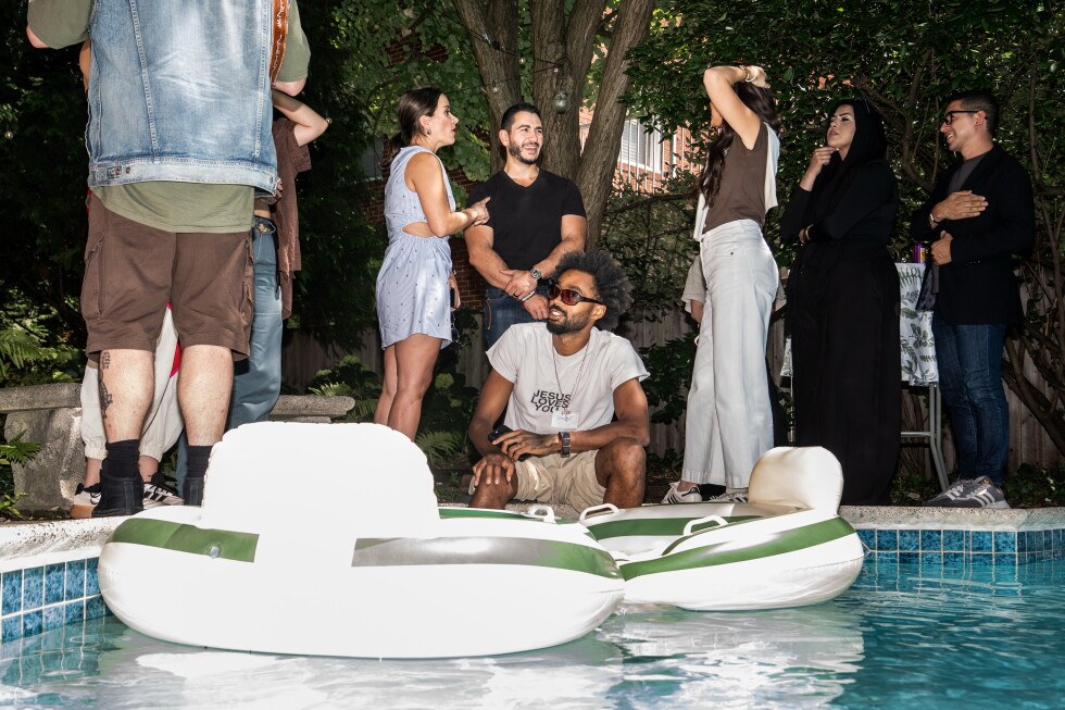 Abdul El-Sayed, a progressive candidate in the Democratic primary for U.S. Senate in Michigan, talks poolside at a party for content creators supporting his campaign, Monday, Aug. 3, 2026, in…