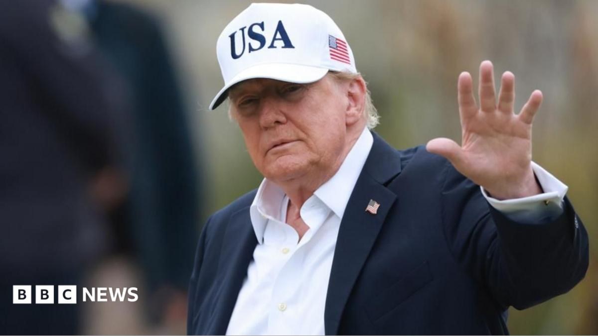 Donald Trump is looking at the camera. He is wearing a white baseball cap with the letters USA emblazoned on the front in blue.
