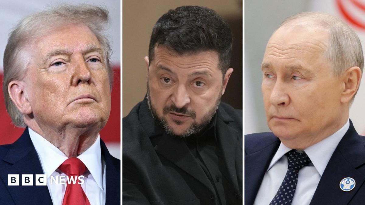 A composite image showing Trump (left), Zelensky (middle) and Putin (right)